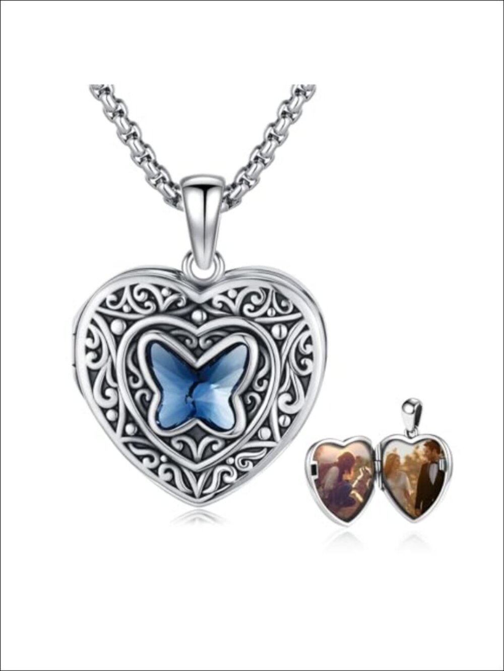 925 Sterling Silver Heart Locket Necklace Butterfly Pendant Gift